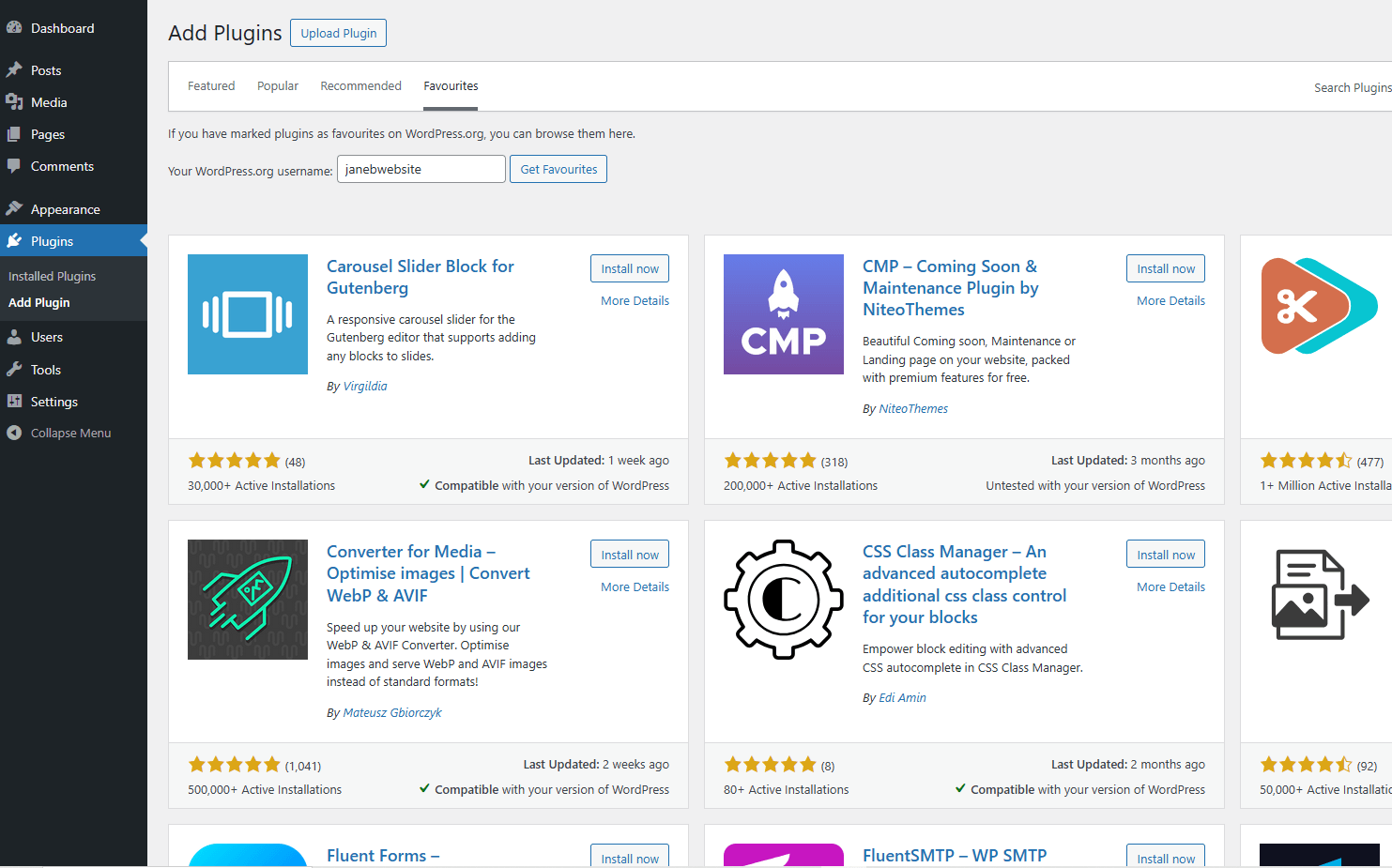 Screenshot of WordPress Add Plugins page with Favourites chosen and janebwebsite in the username box. Plugins displayed include Carousel Block for Gutenbuerg, CMP Coming Soon & Maintenance Plugin and Converter for Media.