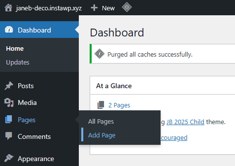 WordPress dashboard with Pages - Add Page highlighted.