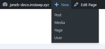 Admin bar at the top of a WordPress page showing a plus icon and the word "New" selected with a dropdown menu with items Post, Media, Page and User.