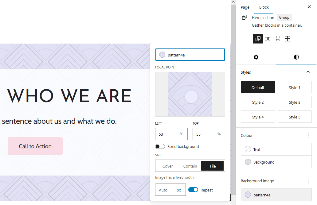 The Block tab of the Settings Sidebar with a background image selected. The pop up shows the pattern with the focal point picker and the size set to Tile.
