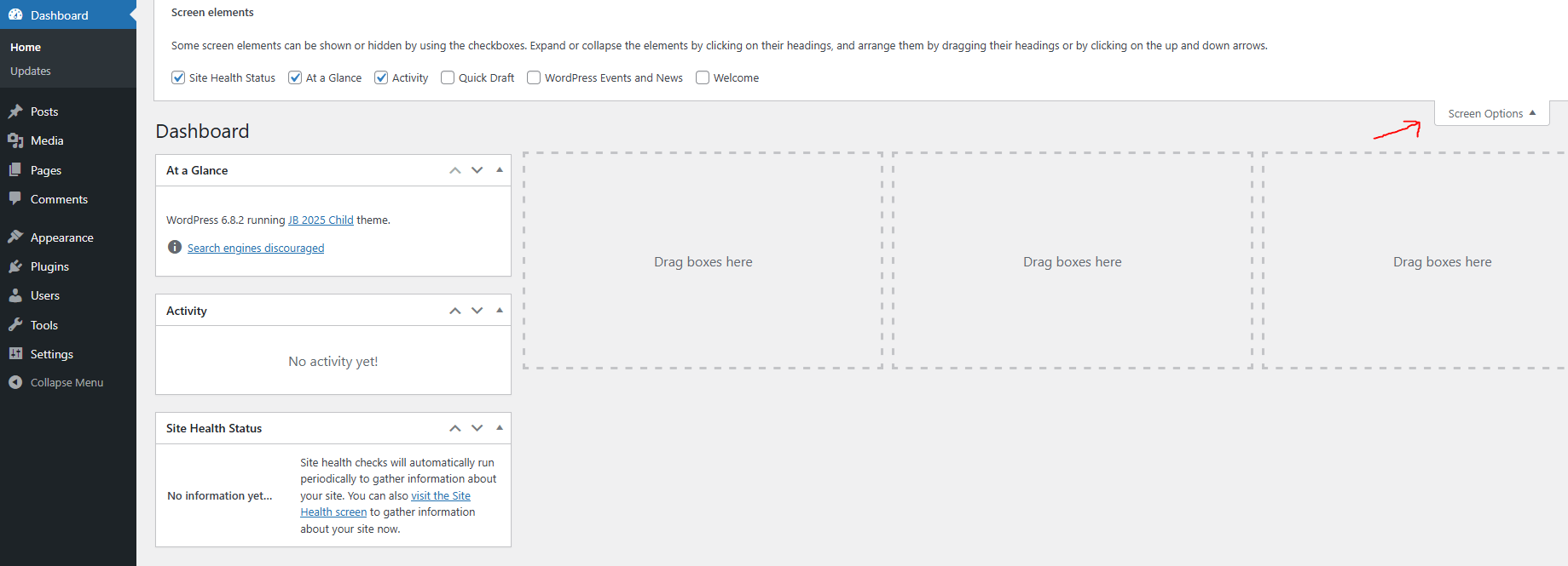 Screenshot of the WordPress Dashboard with Screen Options panel open and only the Screen Elements Site Health Status, At a Glance and Activity ticked.