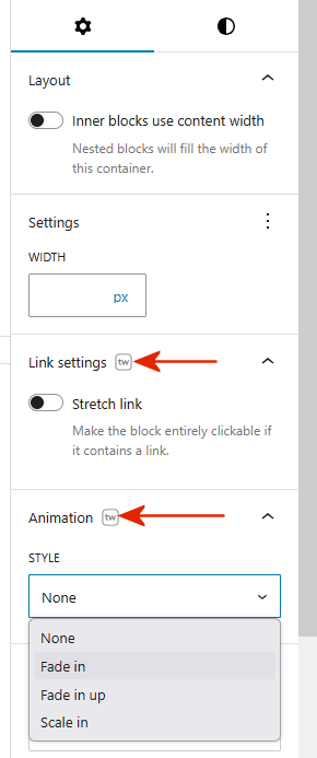 A section of the settings sidebar with arrows pointing to twentig icons. The first is for link settings to stretch a link and make a block entirely clickable. The second example is labelled "animation" and has a dropdown for style with options for none, fade in, fade in up and scale in. 