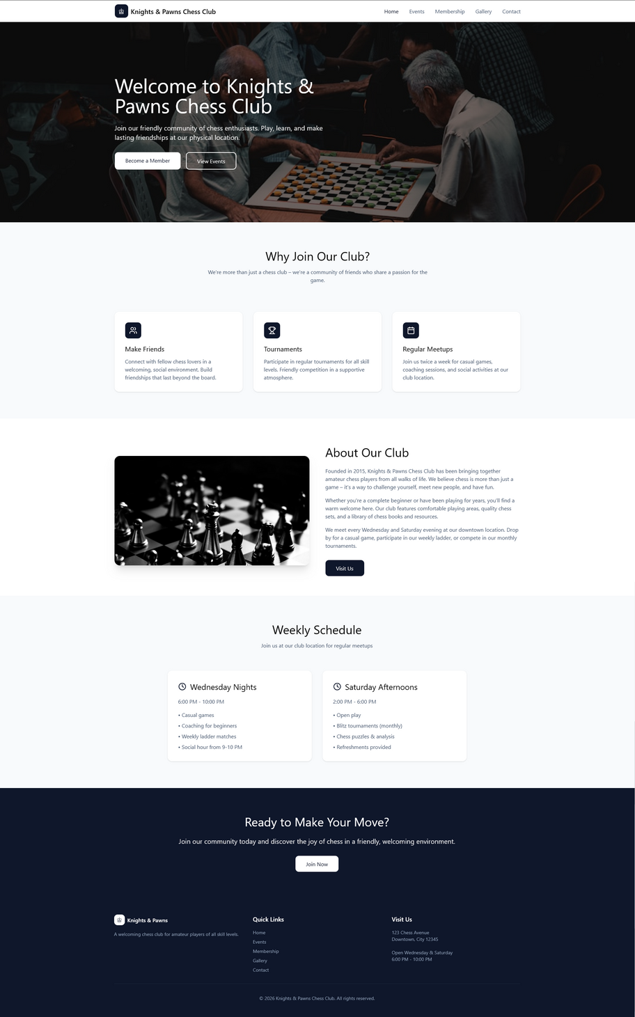 Screenshot of website homepage consisting of hero section with welcome message and call to action buttons, heading "Why Join Our Club" with boxes subtitled "Make Friends", "Tournaments", "Regular Meetups". This is follwed by a section headed "About Our Club" and then a weekly schedule showing times and descriptions for meetings on Wednesdays and Saturdays. There is a final and call to action section and a footer with links, an address, and opening times.