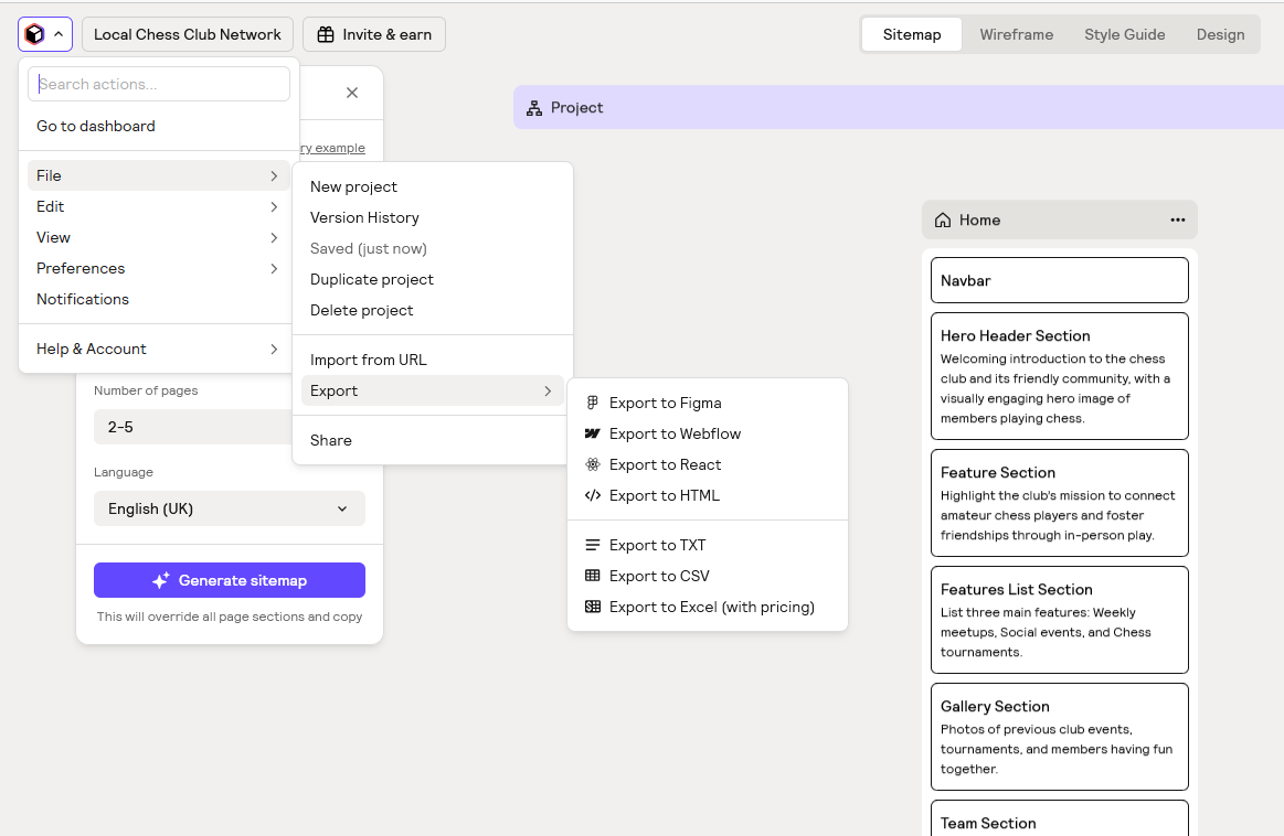 Screenshot of the Relume sitemap screen with the options open to file, export, export to txt etc.