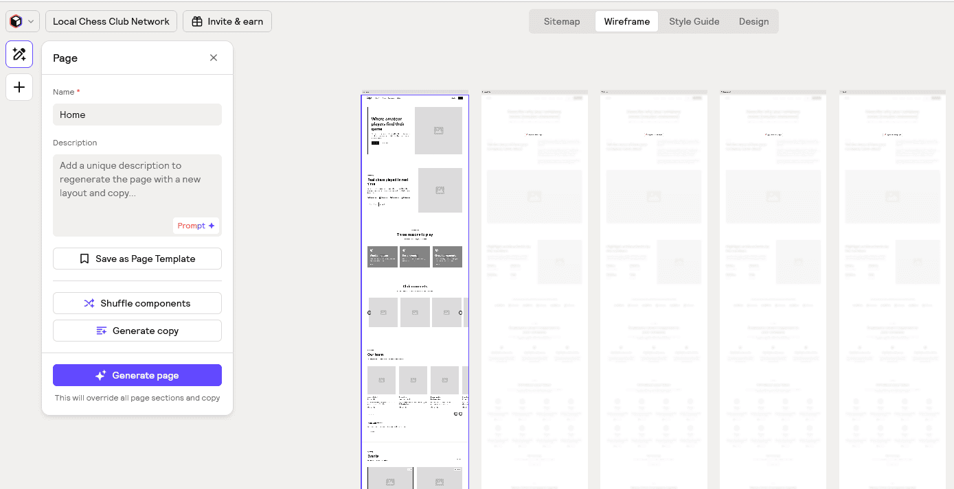 Screenshot of the Relume wireframe screen with a suggested layout for the homepage.